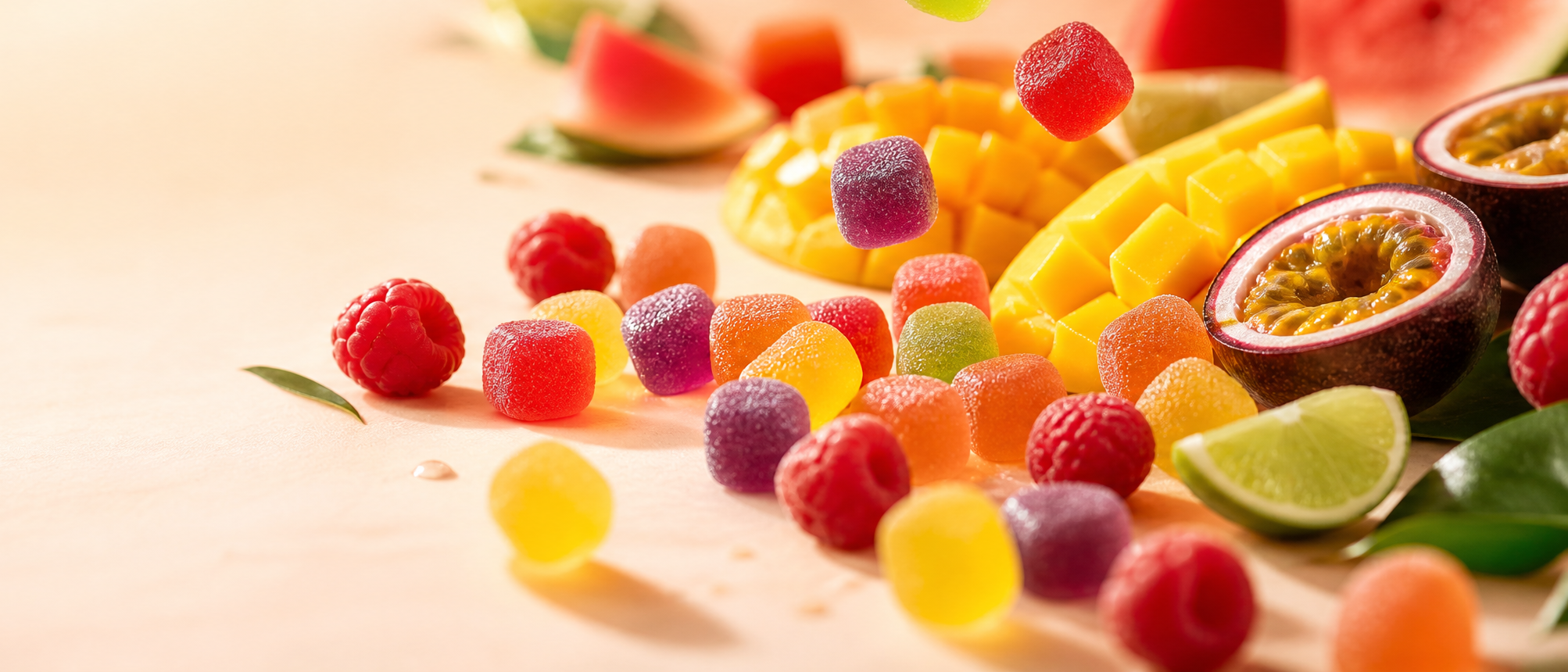güt hero banner - colorful fruit gummies and tropical fruits on cream background